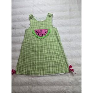 Potato Saks Girls Green Gingham Watermelon Applique Jumper Dress Size 5 USA